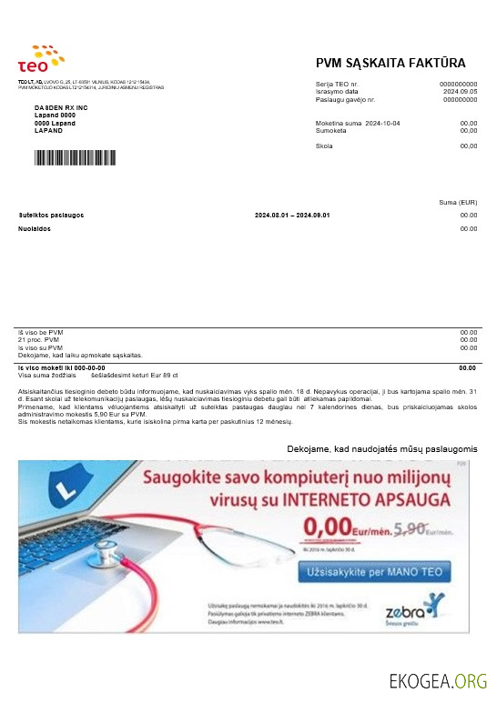 Modèle de facture de services publics de Lituanie Teo aux formats Word et PDF